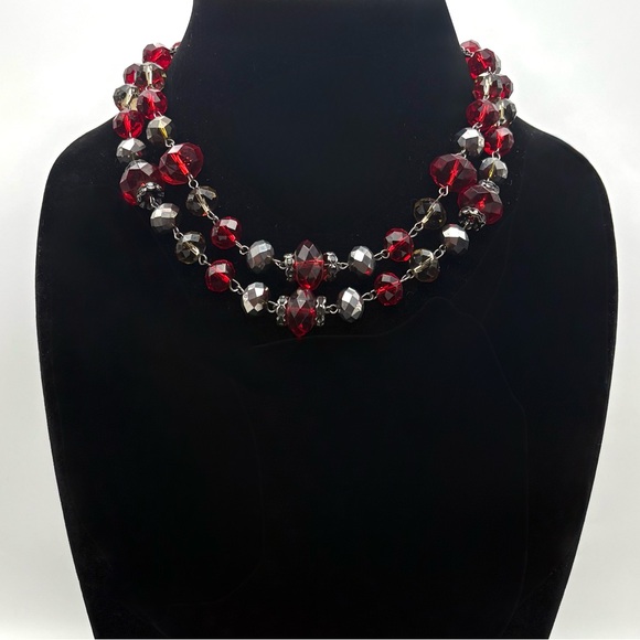 Trifari Faceted Bead & Rhinestone Rhondelle Double Layer Gunmetal Necklace - Picture 2 of 5